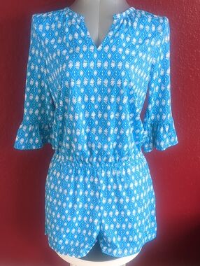 Cabana Life Blue-White Floral Ruffle Sleeve V-Neck Pockets Romper UPF59+